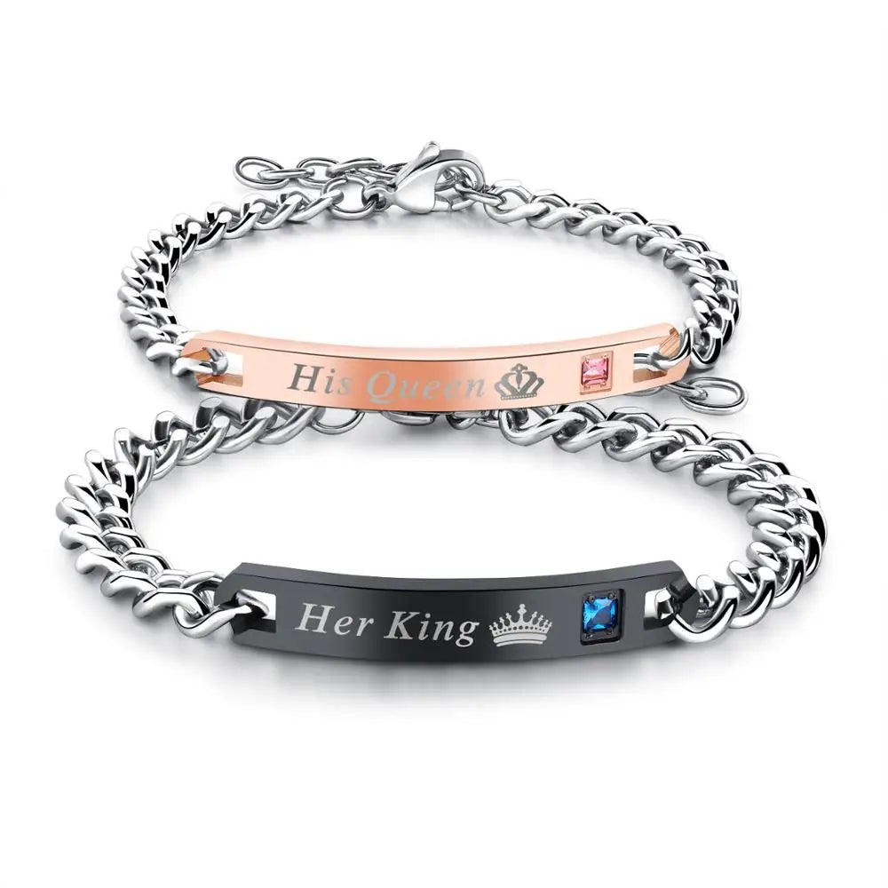 New Arrival Lovers Bracelet His Queen Her King Stainless Steel Rhinestone Crown Charm Adjustable Couple Bracelet Lovers Gift