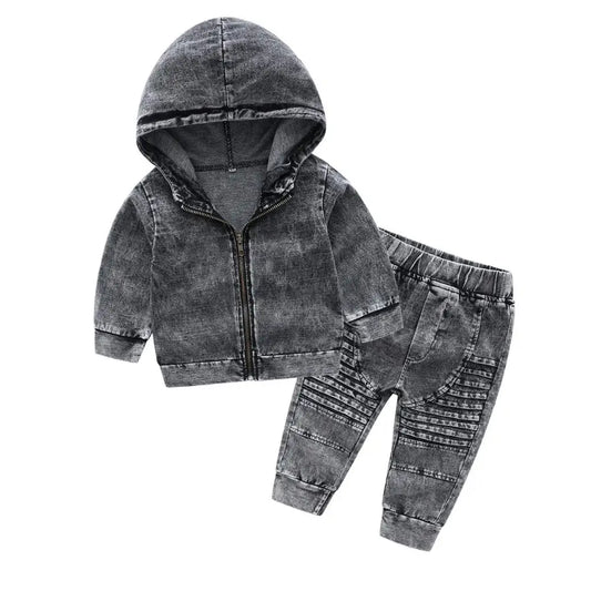 1-5Yrs Autumn Children Boys Hooded Denim Clothes Outfits Spring Toddler Boys Washed Tracksuit Set Clothing комплект одежды