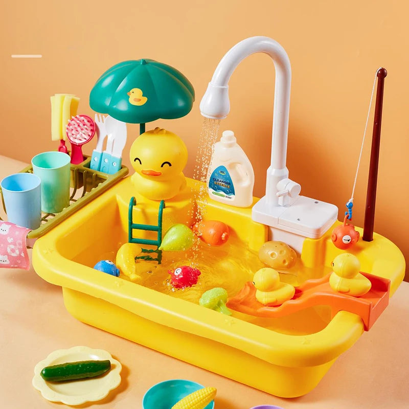 Kids Kitchen Sink Toys Electric Dishwasher Playing Toy With Running Water Pretend Play Food Fishing Toy Role Playing Girls Gift