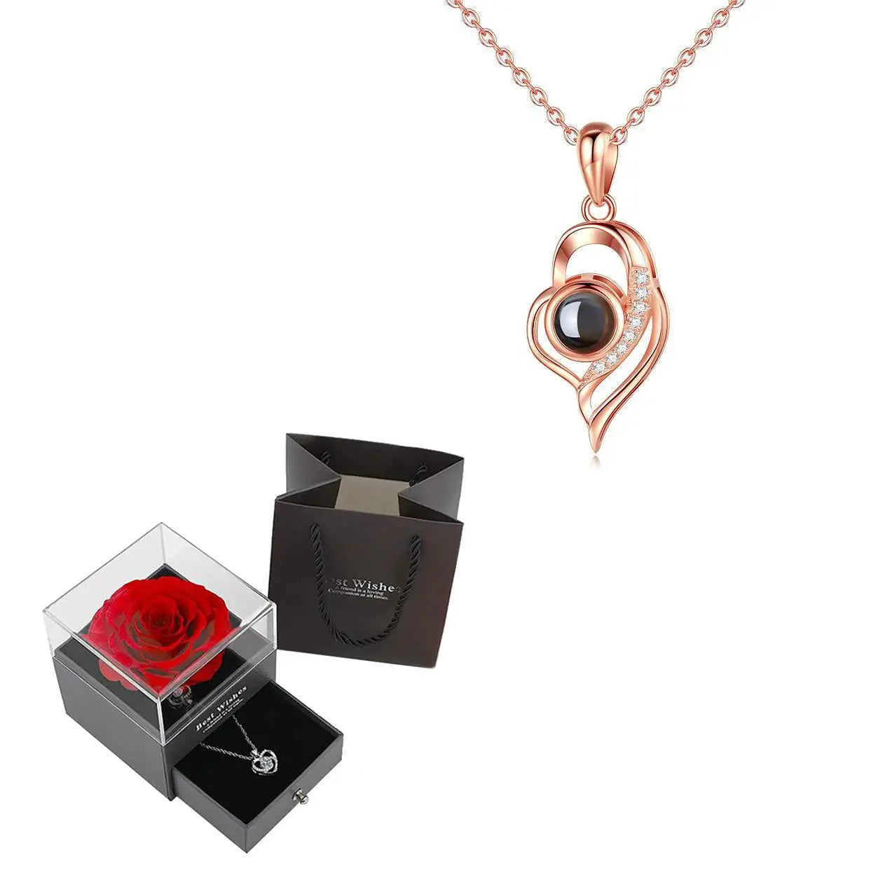 Projection Necklace Set With Rose Gift Box 100 Languages I Love You Heart Pendant Jewelry 2024 For Girlfriend Gifts Dropshipping