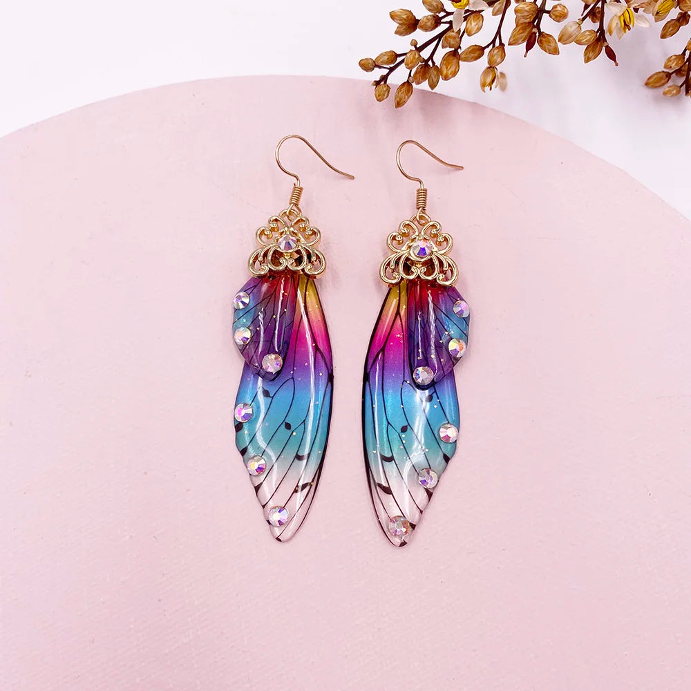 New Handmade Fairy Simulation Wing Earrings Insect Butterfly Wing Drop Earrings Foil Rhinestone Earrings Romantic Bridal Jewelry