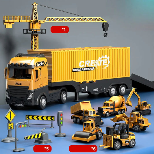 Alloy Construction Trucks Vehicle Toys for Kids Sounds Lights Effects Take Apart Container Crane,Excavator Trucks,Cement Mixer