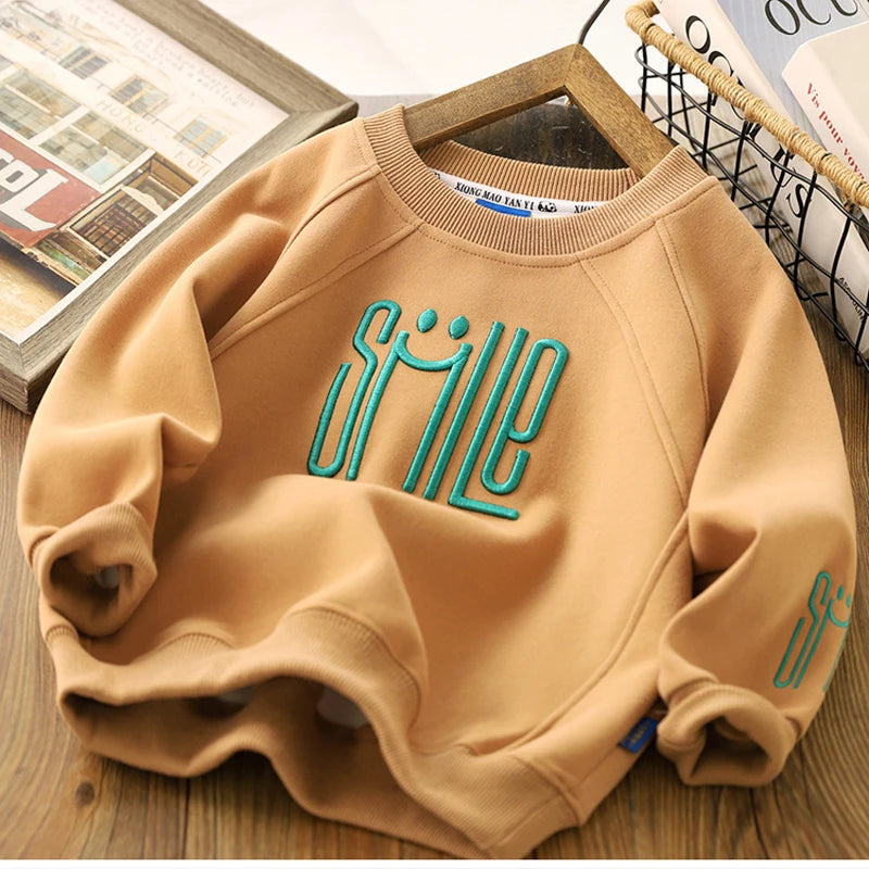 New Big Size Spring Autumn Boys Shirt Fashion Letter Smile Full Sleeve Teenager Boys Sweatshirt 3-12 Years Children Top Clothes