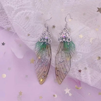 New Handmade Fairy Simulation Wing Earrings Insect Butterfly Wing Drop Earrings Foil Rhinestone Earrings Romantic Bridal Jewelry