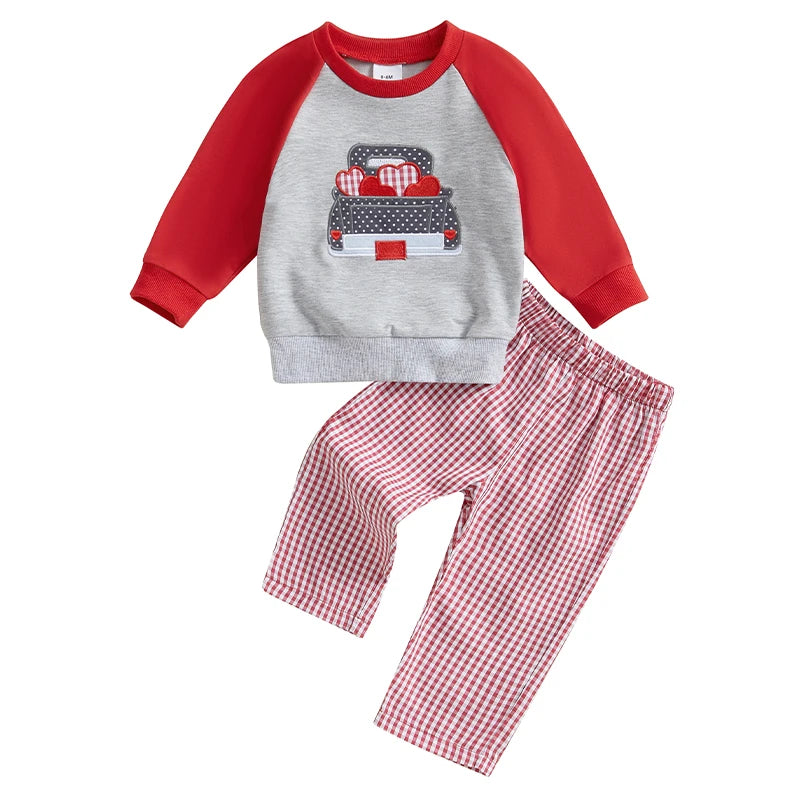 Toddler Boy Valentine s Day Outfit with Heart Embroidery Long Sleeve Shirt and Denim Print Pants 2 Piece Set for Baby