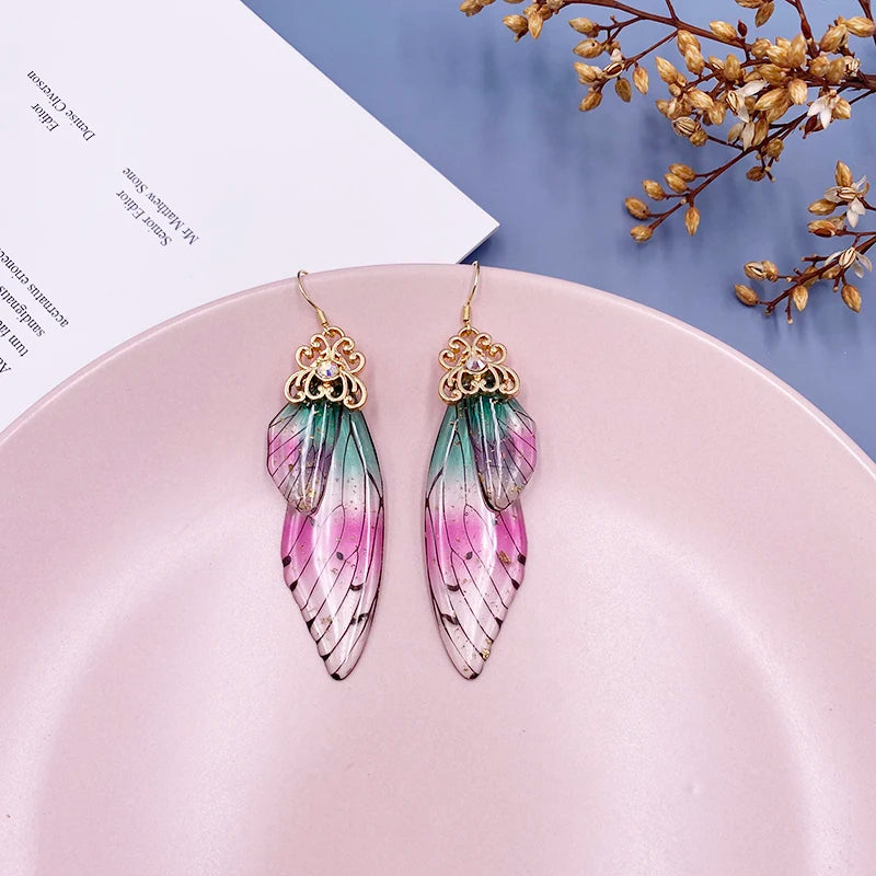 New Handmade Fairy Simulation Wing Earrings Insect Butterfly Wing Drop Earrings Foil Rhinestone Earrings Romantic Bridal Jewelry