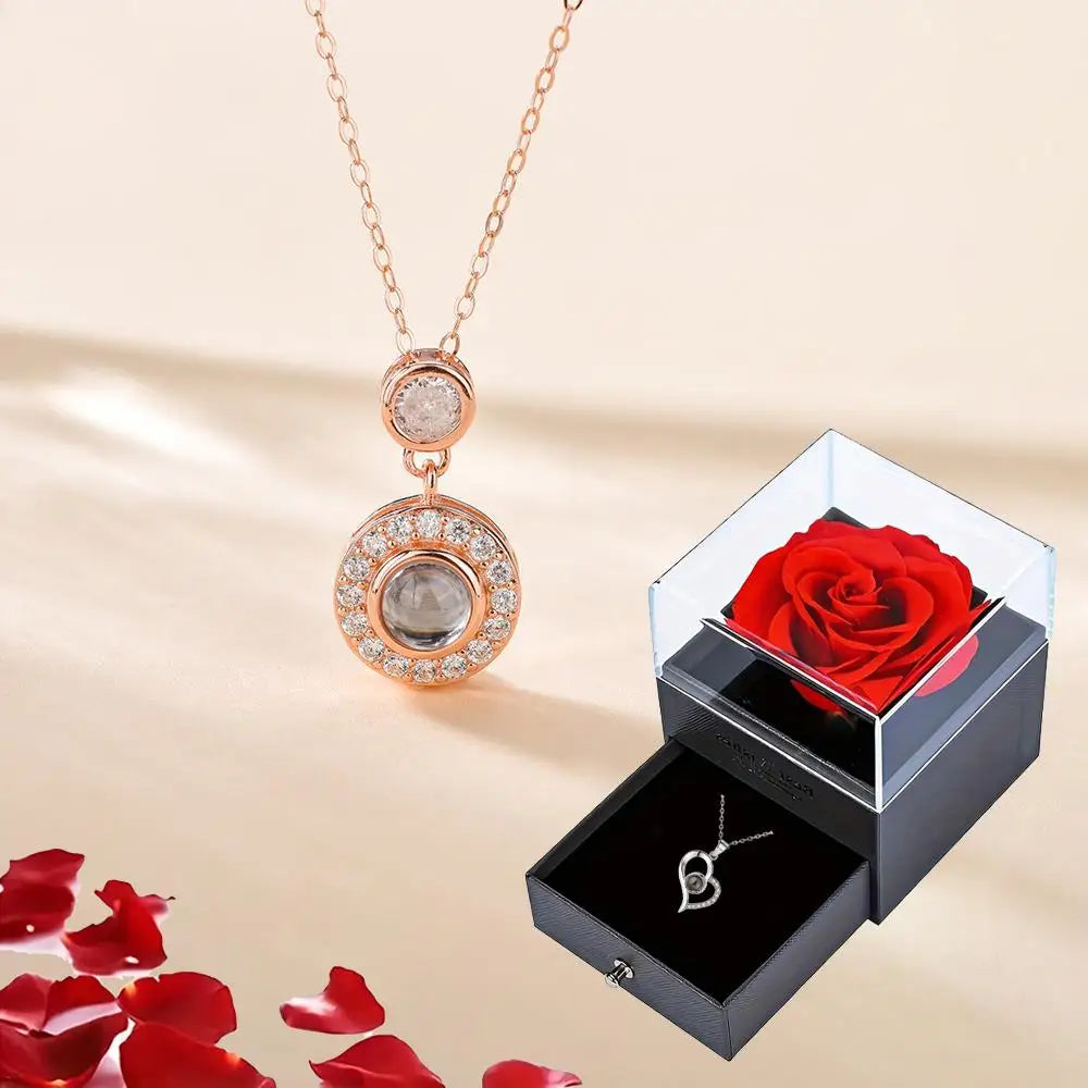 Projection Necklace Set With Rose Gift Box 100 Languages I Love You Heart Pendant Jewelry 2024 For Girlfriend Gifts Dropshipping