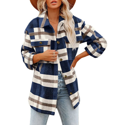 2024 Women Plaid Shacket Jacket Lapel Long Sleeve Button Down Flannel Shirts Coat Double Pocket Design Loose Fall Clothes