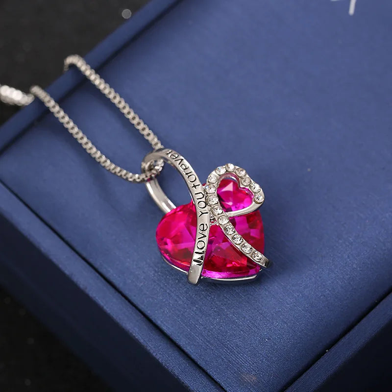 New Everlasting Heart Pendant Necklace For Women Exquisite Jewelry Blue Crystal Forever Love Charm  Valentine's Day Gift