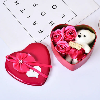 Heart Shaped Iron Box Eternal Flower Valentine's Day Gift Soap Flower Simulation Rose Bouquet Gift Box Set A for My Girlfriend