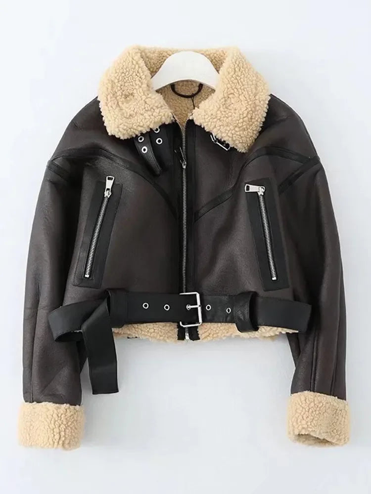 Ailegogo Winter Women Streetwear Faux Lamb Leather Fur Short Jacket with Belt Moto Biker Thick Warm Sheepskin Coat Outwear