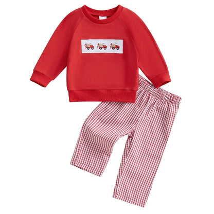 Toddler Boy Valentine s Day Outfit with Heart Embroidery Long Sleeve Shirt and Denim Print Pants 2 Piece Set for Baby