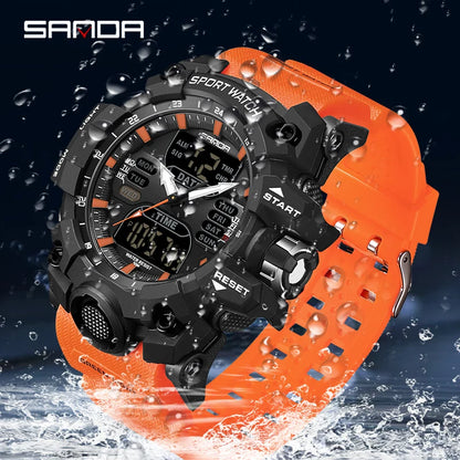 SANDA Luxury G Style Men's Electronic Watch Outdoor Sports LED Analog Digital Chronograph Military Dual Display 50M Waterproof