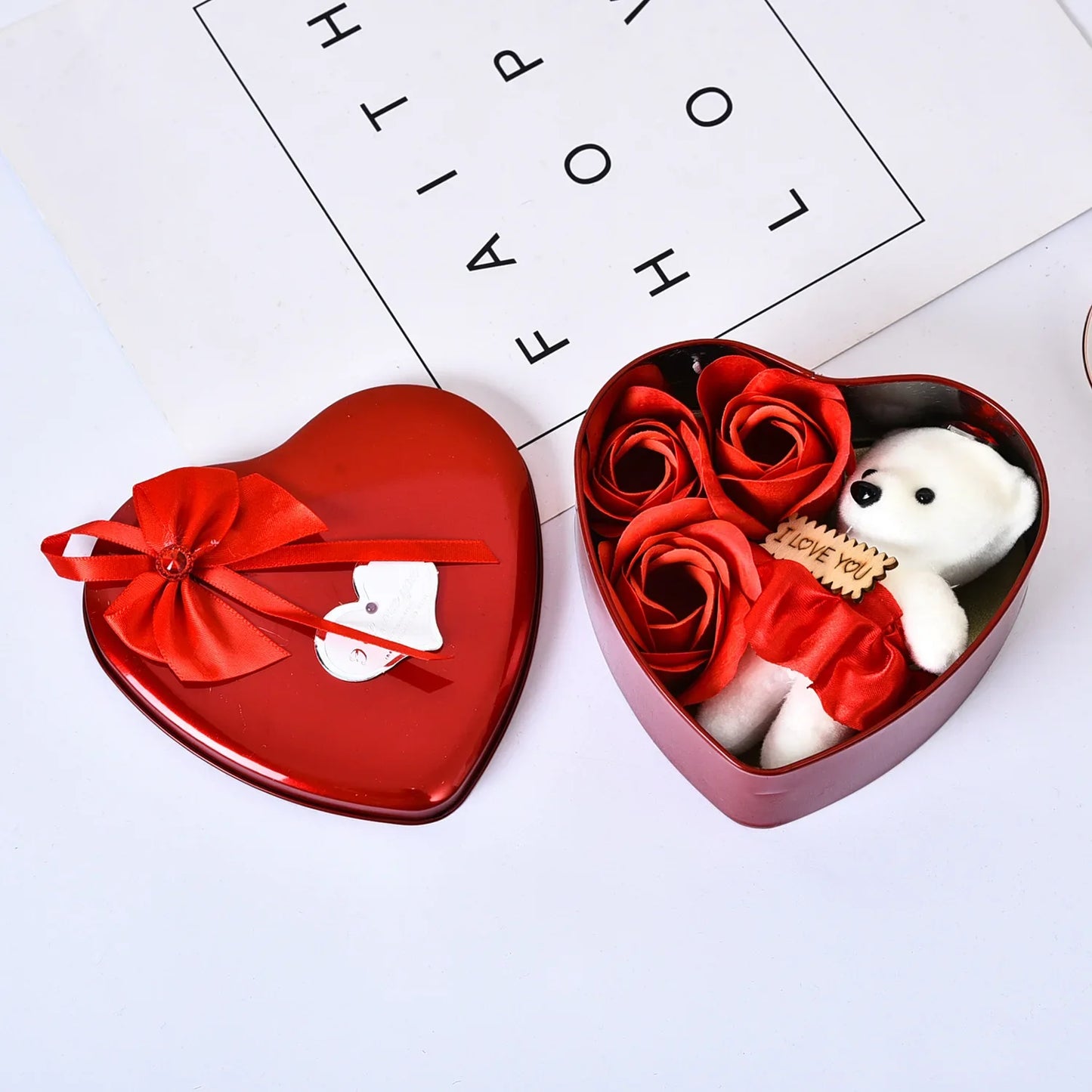 Heart Shaped Iron Box Eternal Flower Valentine's Day Gift Soap Flower Simulation Rose Bouquet Gift Box Set A for My Girlfriend