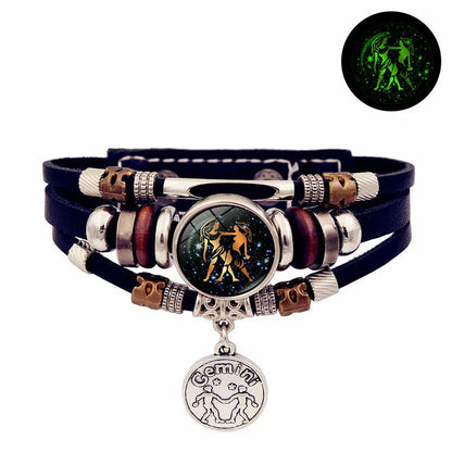 Luminous 12 Constellation Vintage Bracelet for Men Women Braided Punk Leather Bracelets Birthday Gift Glow In The Dark Bracelet