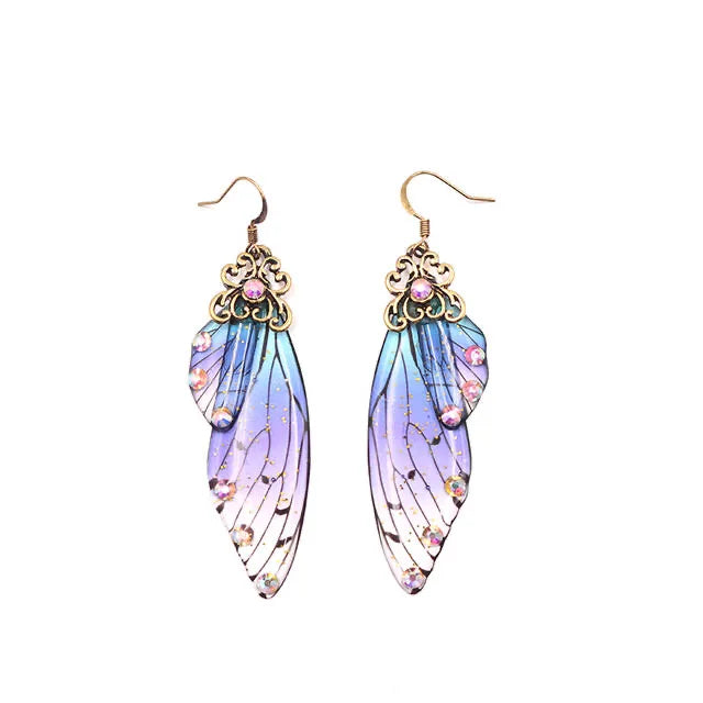 New Handmade Fairy Simulation Wing Earrings Insect Butterfly Wing Drop Earrings Foil Rhinestone Earrings Romantic Bridal Jewelry