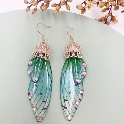 New Handmade Fairy Simulation Wing Earrings Insect Butterfly Wing Drop Earrings Foil Rhinestone Earrings Romantic Bridal Jewelry