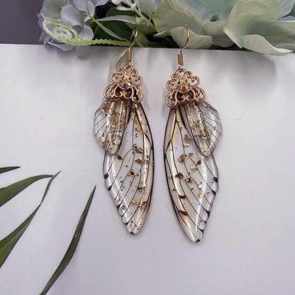 New Handmade Fairy Simulation Wing Earrings Insect Butterfly Wing Drop Earrings Foil Rhinestone Earrings Romantic Bridal Jewelry