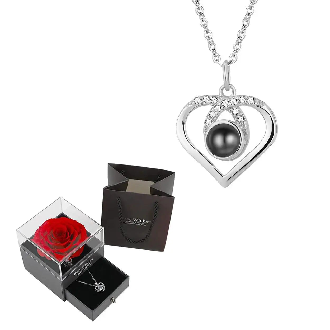 Projection Necklace Set With Rose Gift Box 100 Languages I Love You Heart Pendant Jewelry 2024 For Girlfriend Gifts Dropshipping