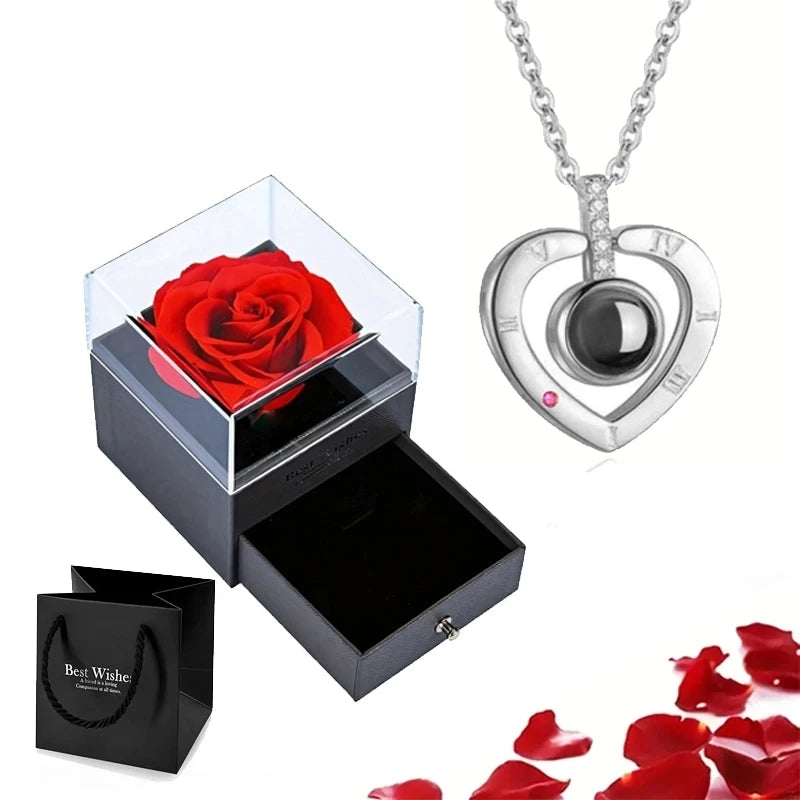 Projection Necklace Set With Rose Gift Box 100 Languages I Love You Heart Pendant Jewelry 2024 For Girlfriend Gifts Dropshipping