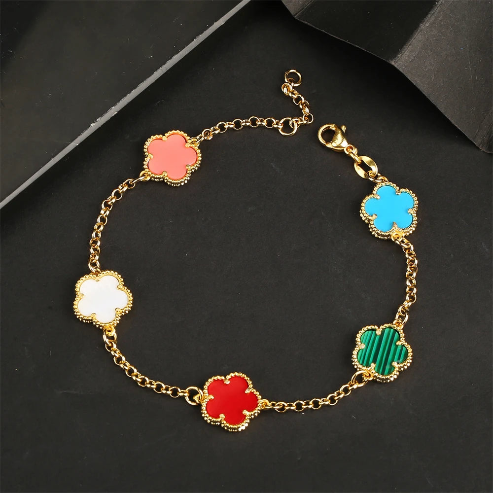 Luxury Green Flower Natural White Shell Flower Stone Bracelet Ladies Gift High Quality Five Leaf Clover Bracelet Jewelry