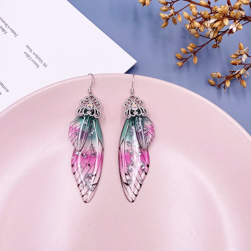 New Handmade Fairy Simulation Wing Earrings Insect Butterfly Wing Drop Earrings Foil Rhinestone Earrings Romantic Bridal Jewelry