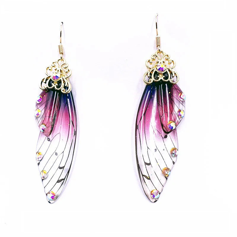 New Handmade Fairy Simulation Wing Earrings Insect Butterfly Wing Drop Earrings Foil Rhinestone Earrings Romantic Bridal Jewelry