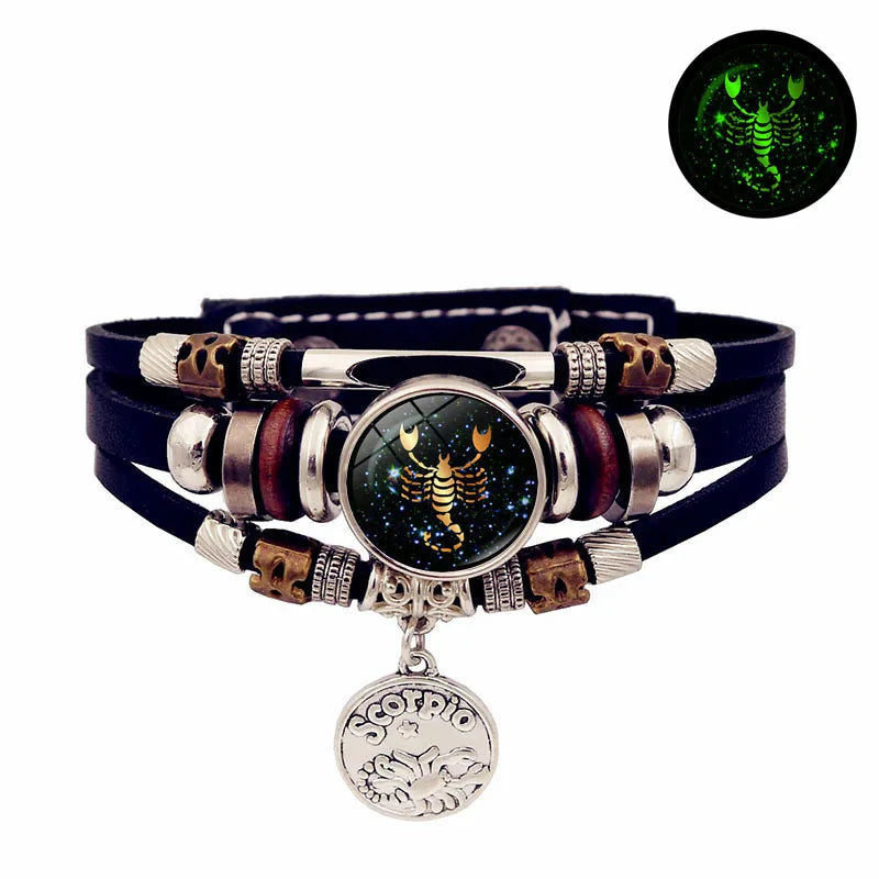 Luminous 12 Constellation Vintage Bracelet for Men Women Braided Punk Leather Bracelets Birthday Gift Glow In The Dark Bracelet