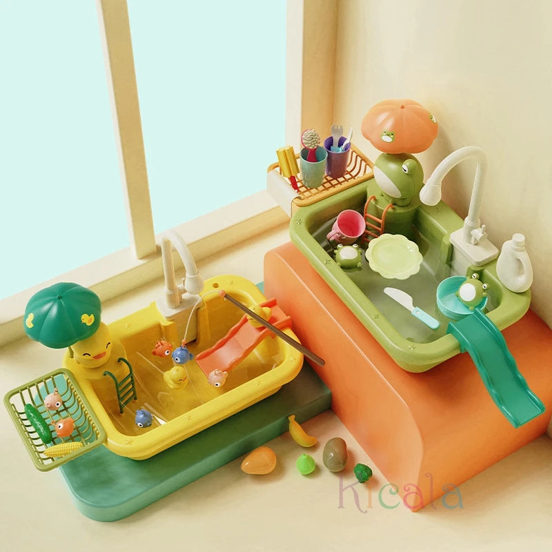 Kids Kitchen Sink Toys Electric Dishwasher Playing Toy With Running Water Pretend Play Food Fishing Toy Role Playing Girls Gift