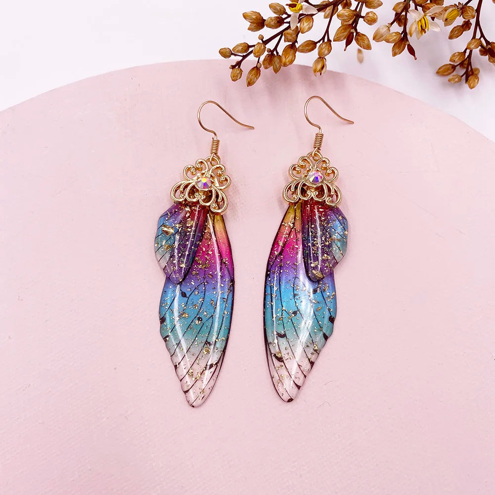 New Handmade Fairy Simulation Wing Earrings Insect Butterfly Wing Drop Earrings Foil Rhinestone Earrings Romantic Bridal Jewelry