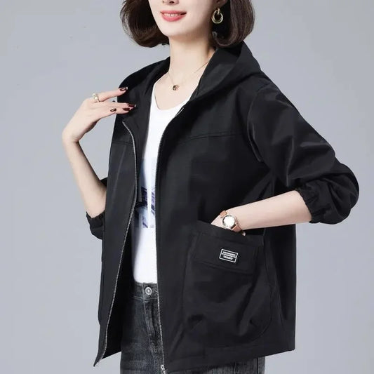 2023 Spring Autumn New Women's Jackets Long Sleeve Windbreaker Middle-Aged Mother's Coat Hooded Short Jacket Loose Outwear