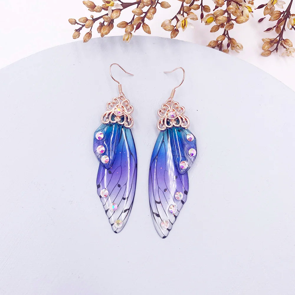 New Handmade Fairy Simulation Wing Earrings Insect Butterfly Wing Drop Earrings Foil Rhinestone Earrings Romantic Bridal Jewelry