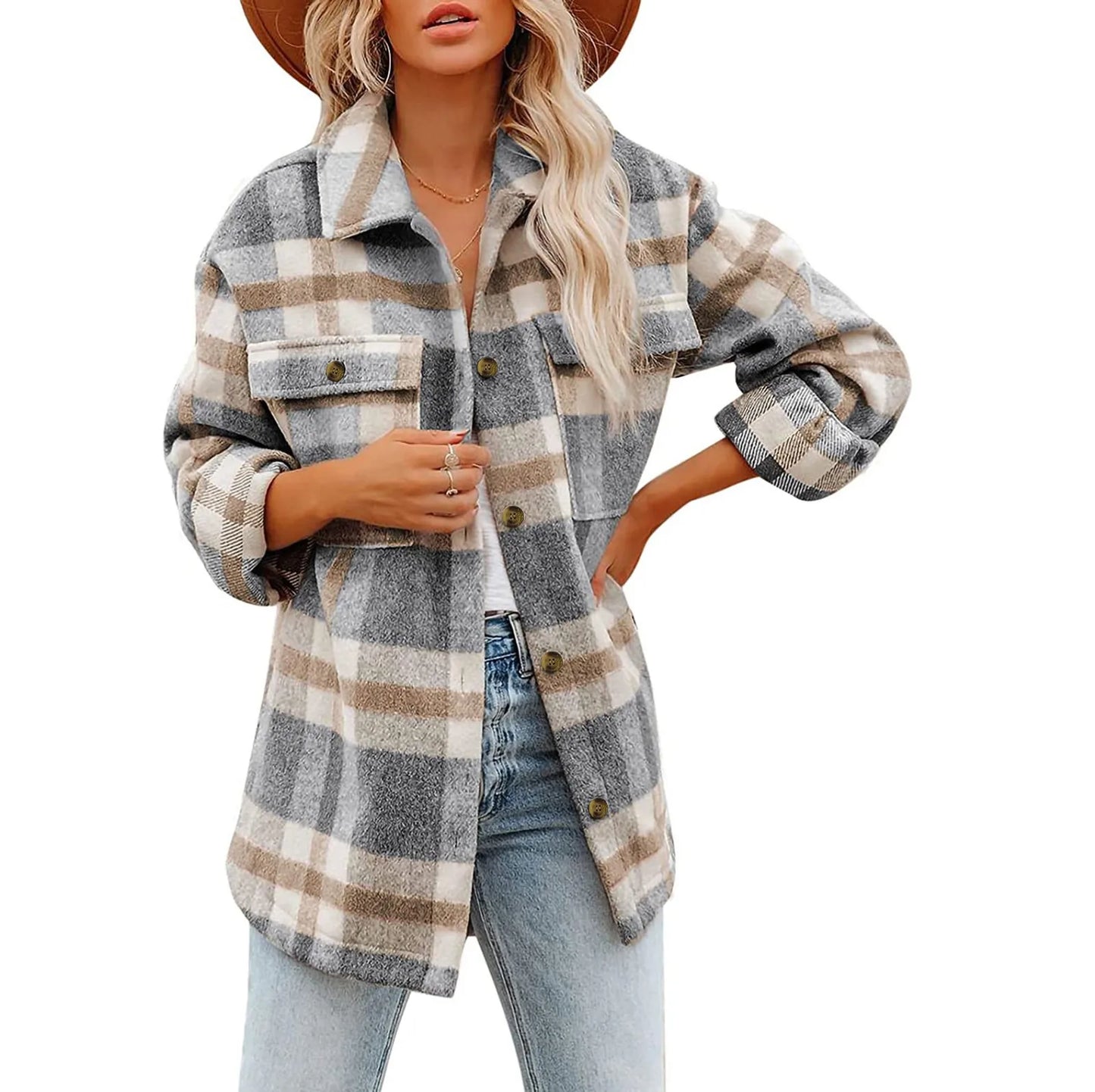 2024 Women Plaid Shacket Jacket Lapel Long Sleeve Button Down Flannel Shirts Coat Double Pocket Design Loose Fall Clothes