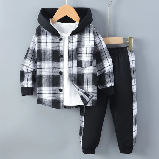 Boys Plaid Hooded Jacket & Sweatpants Sets Children'S Thermal Underwear Autumn And Winter Boys Casual Creative Clothes