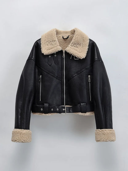 Ailegogo Winter Women Streetwear Faux Lamb Leather Fur Short Jacket with Belt Moto Biker Thick Warm Sheepskin Coat Outwear