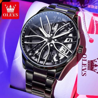 OLEVS Men Watches Waterproof Rotary Sport Car Rim Man Luxury Watch High Quality Fashion Stainless Steel Quartz Men's Watches