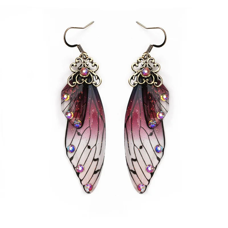 New Handmade Fairy Simulation Wing Earrings Insect Butterfly Wing Drop Earrings Foil Rhinestone Earrings Romantic Bridal Jewelry