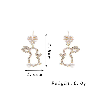 Trendy Crystal Hollow Animal Rabbit Drop Earrings for Women Cute Imitation Pearl Heart Dangle Earrings Party Jewelry Girls Gift