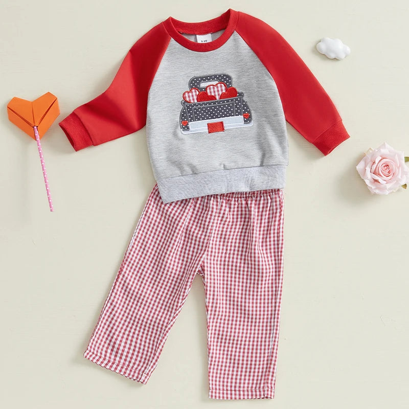 Toddler Boy Valentine s Day Outfit with Heart Embroidery Long Sleeve Shirt and Denim Print Pants 2 Piece Set for Baby