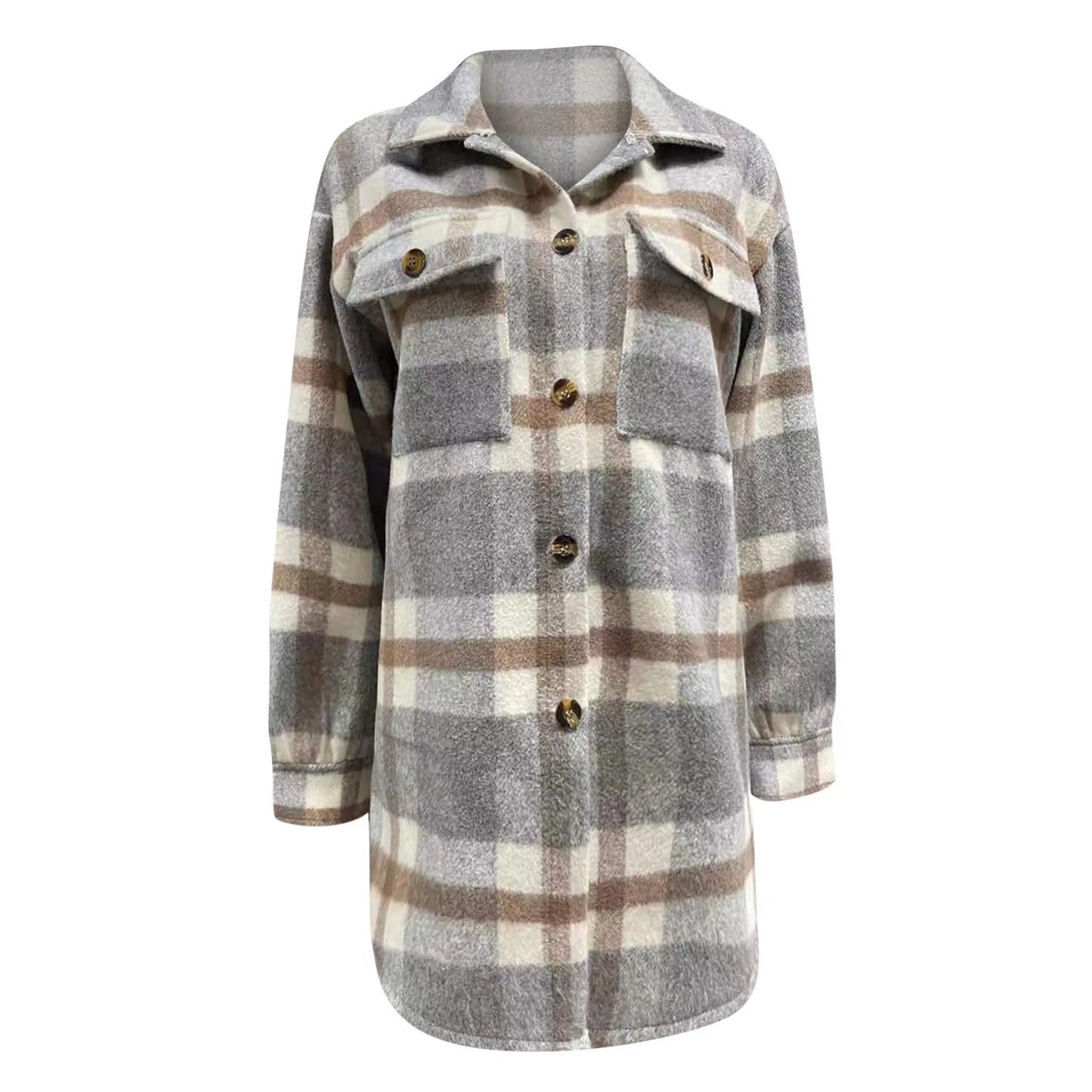 2024 Women Plaid Shacket Jacket Lapel Long Sleeve Button Down Flannel Shirts Coat Double Pocket Design Loose Fall Clothes