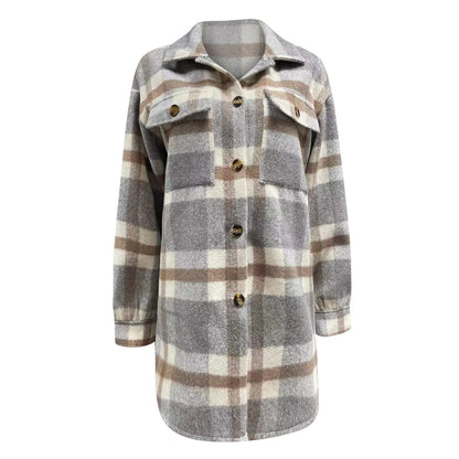 2024 Women Plaid Shacket Jacket Lapel Long Sleeve Button Down Flannel Shirts Coat Double Pocket Design Loose Fall Clothes