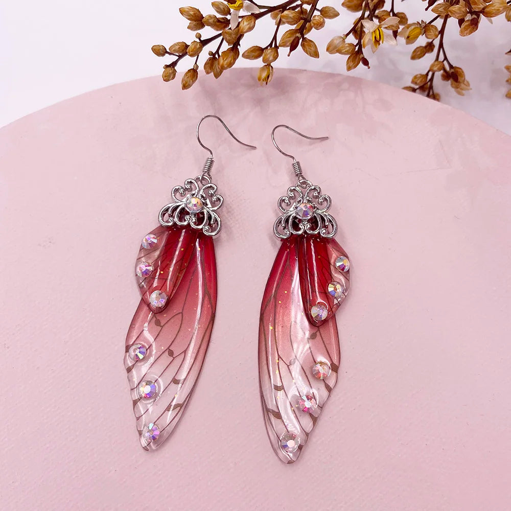 New Handmade Fairy Simulation Wing Earrings Insect Butterfly Wing Drop Earrings Foil Rhinestone Earrings Romantic Bridal Jewelry