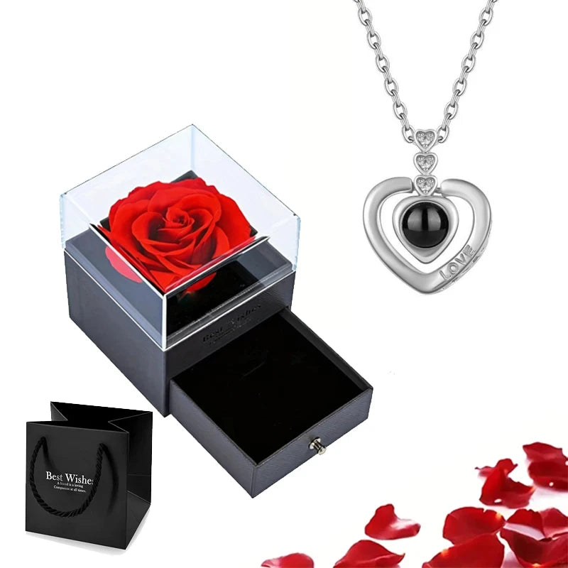 Projection Necklace Set With Rose Gift Box 100 Languages I Love You Heart Pendant Jewelry 2024 For Girlfriend Gifts Dropshipping