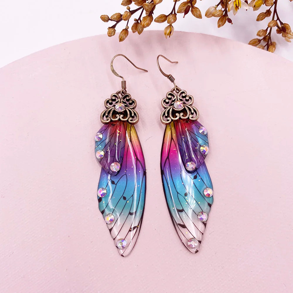 New Handmade Fairy Simulation Wing Earrings Insect Butterfly Wing Drop Earrings Foil Rhinestone Earrings Romantic Bridal Jewelry