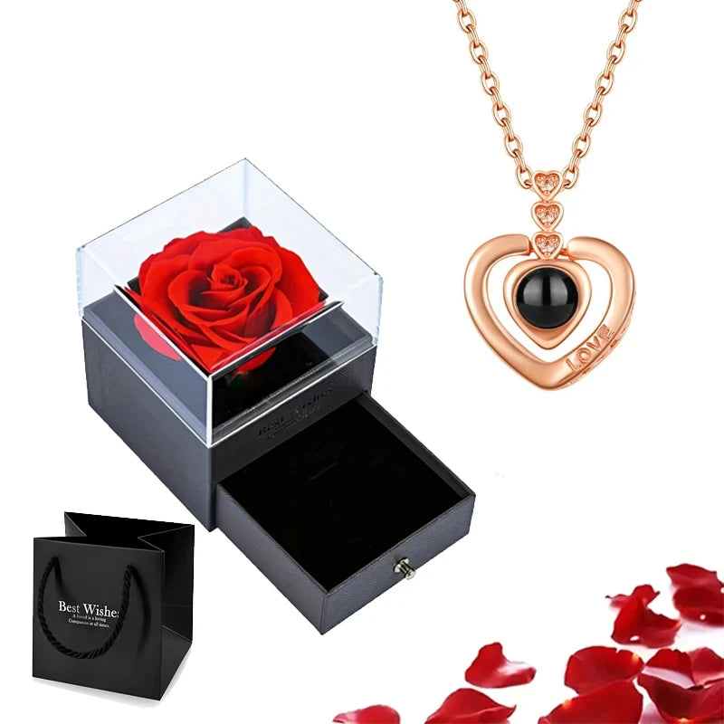 Projection Necklace Set With Rose Gift Box 100 Languages I Love You Heart Pendant Jewelry 2024 For Girlfriend Gifts Dropshipping