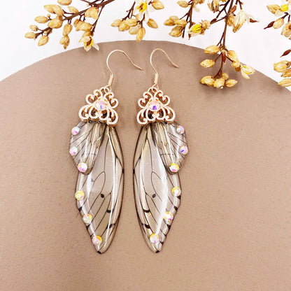 New Handmade Fairy Simulation Wing Earrings Insect Butterfly Wing Drop Earrings Foil Rhinestone Earrings Romantic Bridal Jewelry