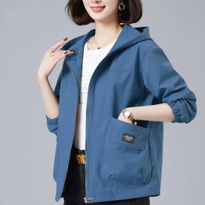 2023 Spring Autumn New Women's Jackets Long Sleeve Windbreaker Middle-Aged Mother's Coat Hooded Short Jacket Loose Outwear