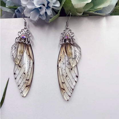 New Handmade Fairy Simulation Wing Earrings Insect Butterfly Wing Drop Earrings Foil Rhinestone Earrings Romantic Bridal Jewelry