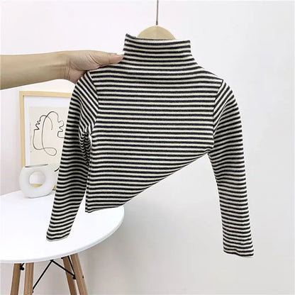 Autumn Winter Baby Boy Girl Baby Solid Long Sleeve Bottoming Shirt Children Turtleneck Casual Tshirt Kid Striped Top Clothes