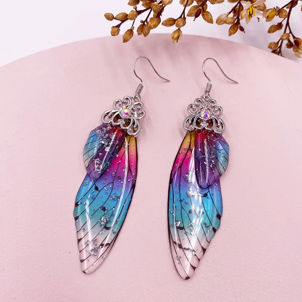 New Handmade Fairy Simulation Wing Earrings Insect Butterfly Wing Drop Earrings Foil Rhinestone Earrings Romantic Bridal Jewelry